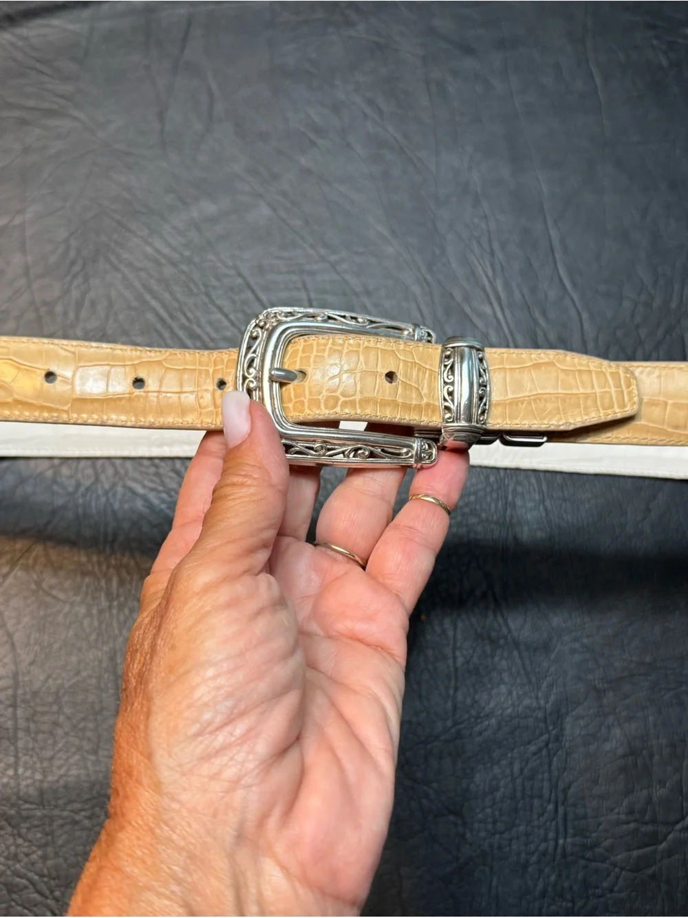 Brighton Reversible Croc Embossed Leather Belt Ivory Tan Silver Buckle L 34